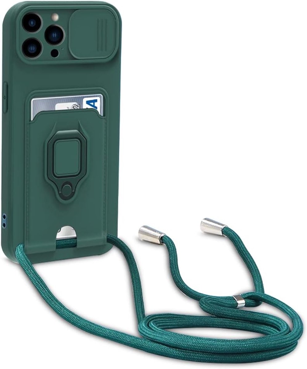 Telefoonhoesje voor iPhone 13 Pro, siliconen hoes met verstelbaar koord, schuifje ter bescherming van de camera en metalen ringhouder, donkergroen