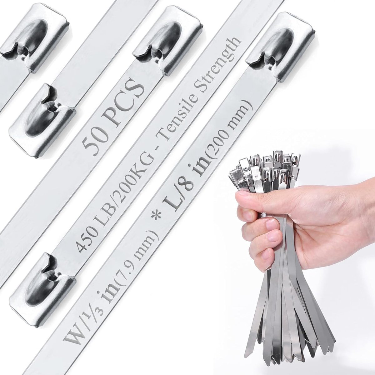metalen ritssluitingen van 100 stuks, L/8 "(200 mm), W/0,31 "(7,9 mm) Heavy Duty roestvrijstalen draden banden, metalen kabelbinders voor uitlaatwrap, hittebestendige schermbanden. voor reparatie banding.