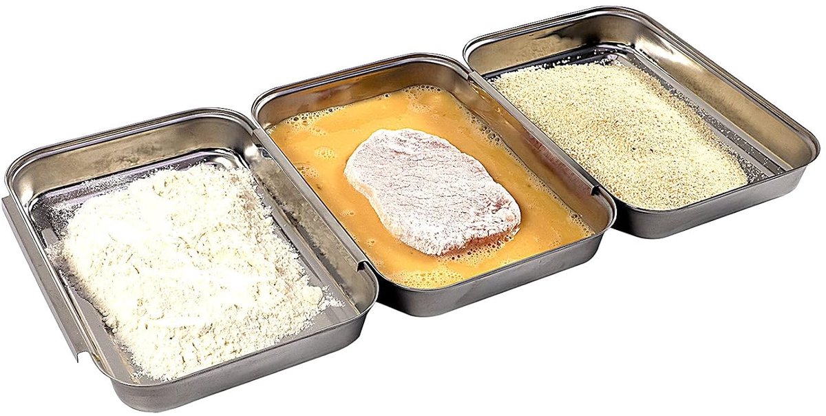 Paneerstation, 3-delig, professionele paneerset bestaande uit 3 koppelbare roestvrijstalen schalen (elk 18 x 15,5 cm), ruimtebesparend, stapelbaar, vaatwasmachinebestendig
