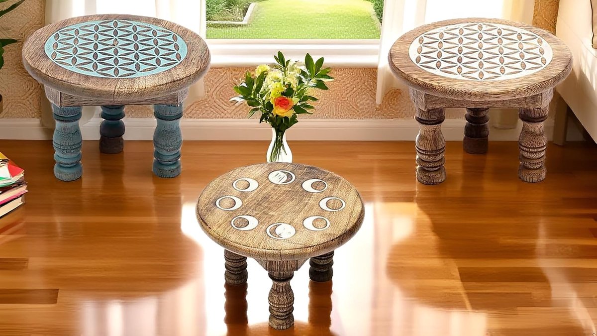 Houten platform 15 cm - mangohout - levensbloem wit - ideaal voor meditatie - SnelShoppen
