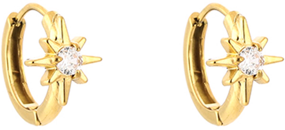 North Star Solitaire Zirconia Huggie Hoops – Luxe Oorringen met Poolster Zirkonia – RVS - Goud