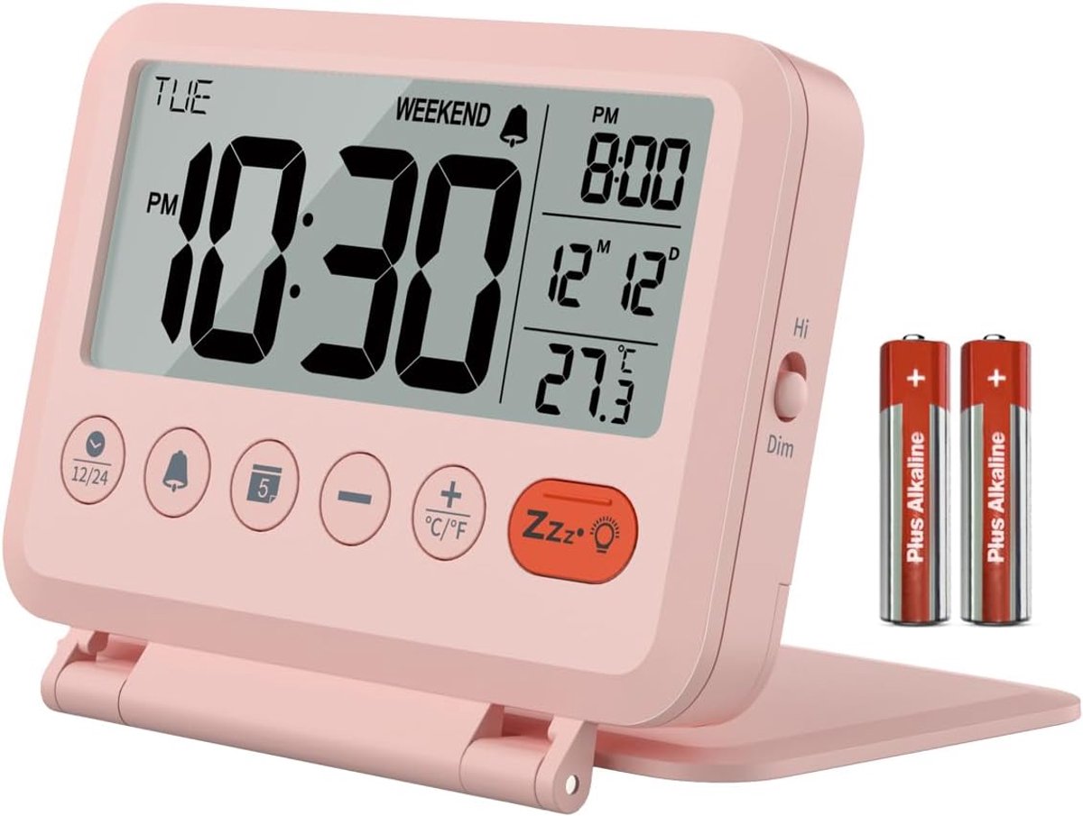 achtergrondverlichting met 2 niveaus, 2 volumes, 12/24 uur, kalender, temperatuur, weekendmodus, sluimeren, opvouwbare hoes, kleine digitale klok op batterijen (inclusief