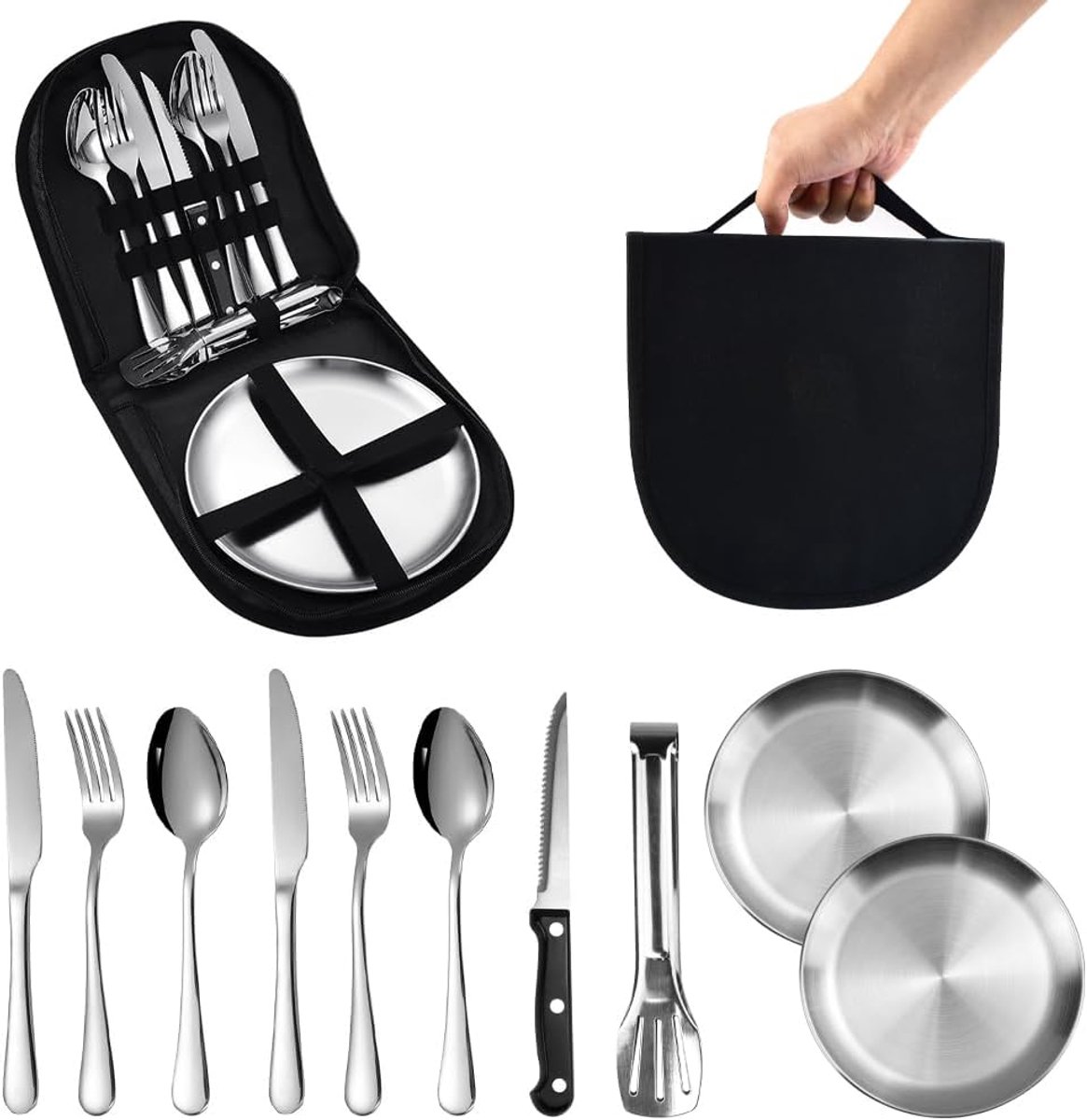 Bestekset, picknickset, roestvrij staal, draagbaar, campingbestek, outdoor, camping, bestekset, 2 personen, campingbestek, set met ritssluiting, voor reizen, wandelen
