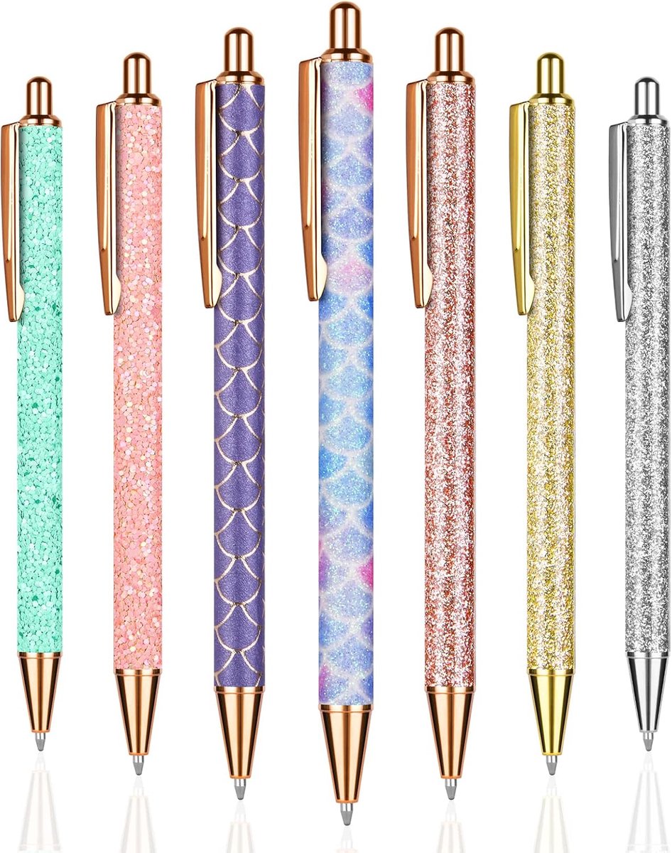balpennen, 7 stuks intrekbare metalen balpen met glitterlichaam, metalen glitter Rose gouden balpennen voor school Zakelijk Kantoorbenodigdheden Meisjes Geschenken