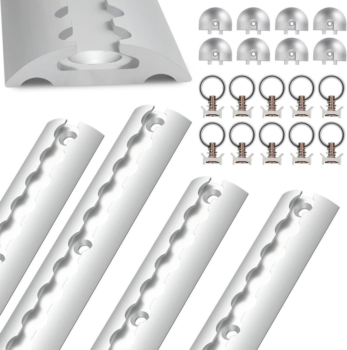 4 x 1 m, aluminium, sjorrails, ronde halfronde vorm, airlinerailset met 10 airlinerails, fitting-ringen, 8 airlinerails, eindkappen, voor campers en vrachtwagens, zilver