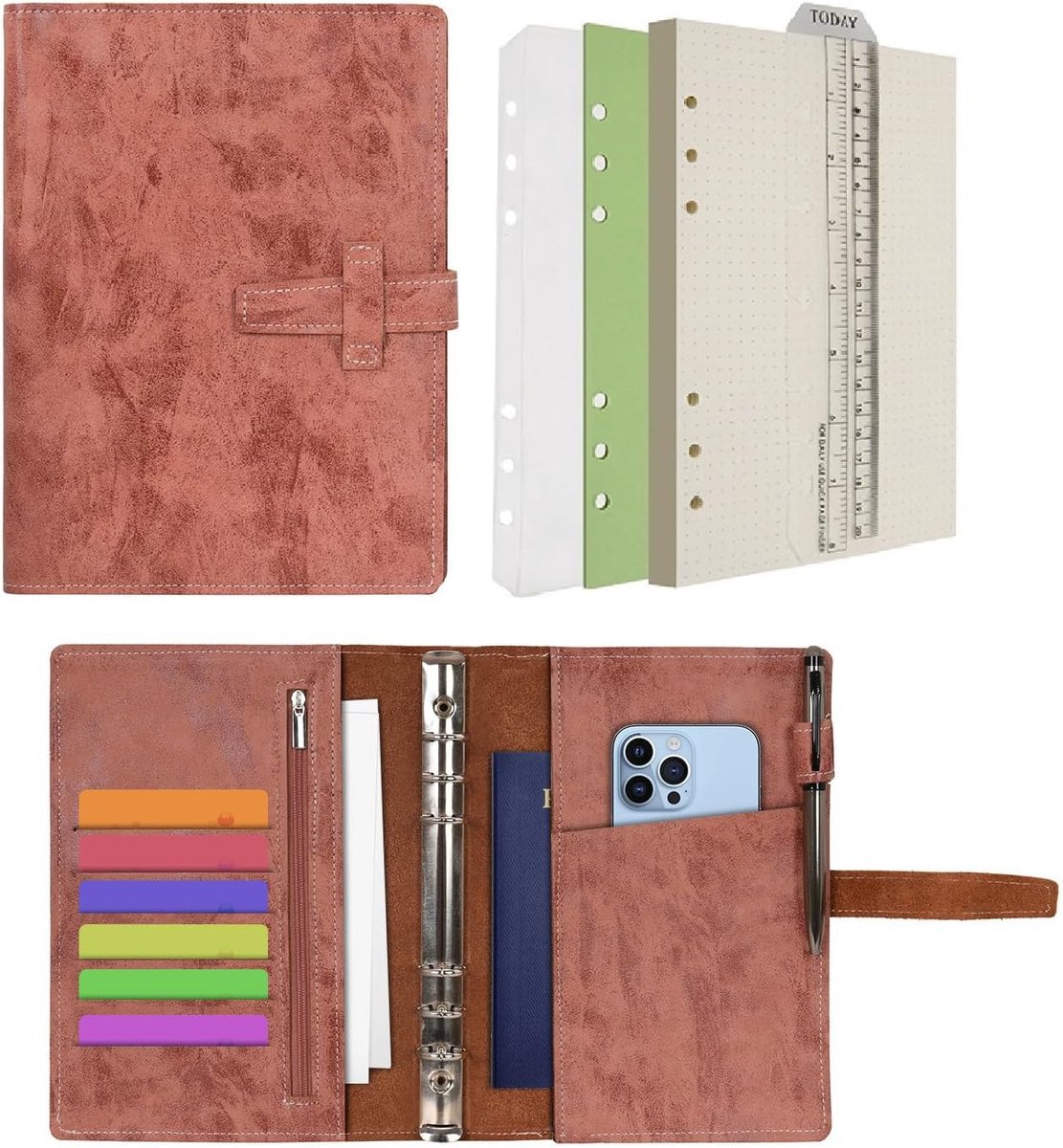 Lederen zuivel 6 ringband notitieboek map organizer met gestippeld papier navulbaar schrijven notitieboek en meerdere zakken hoes voor zaken studie reizen met Pen (Bruin,A5)