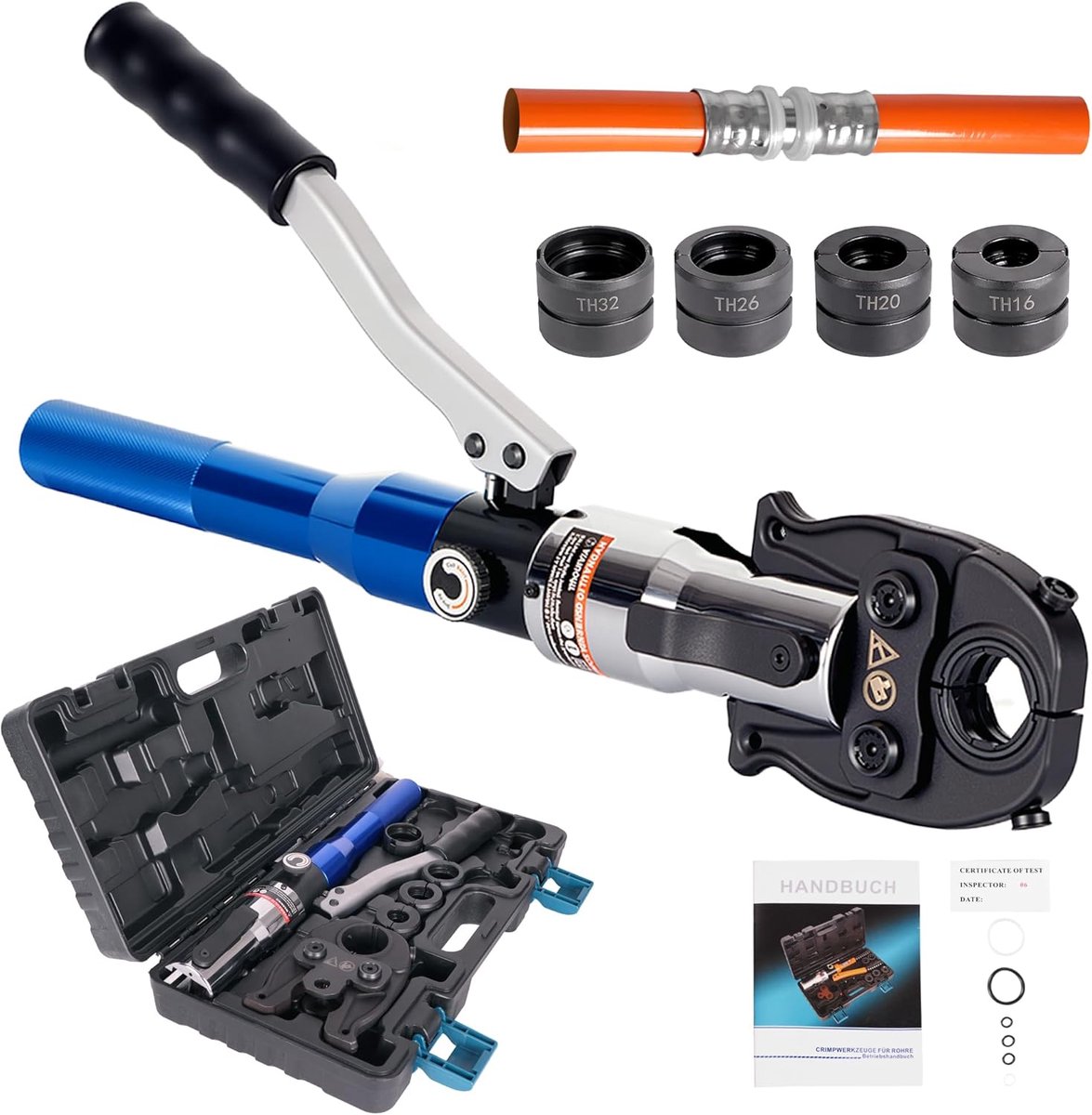 Professionele perstang (hydraulisch) persgereedschap met persbekken, TH-contour 16-20-26-32 set persgereedschap, voor composietbuis met fittingen van de TH-contour, bekinzetstukken