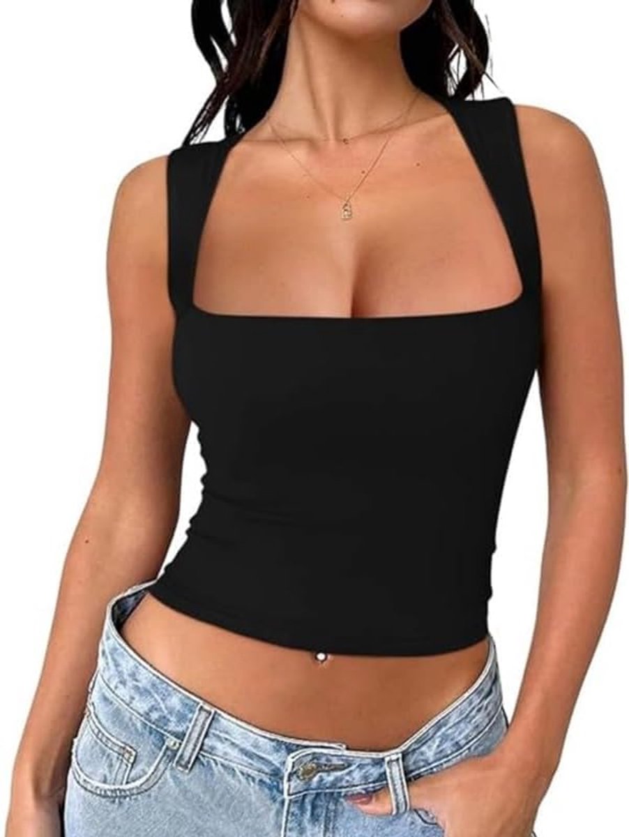 Tanktop voor dames, elegant, zomer, sportief, sexy, slim fit, crop top, mouwloos, korte tanktop met vierkante hals, basic, nauwsluitend, casual, elastisch, T-shirt mode Y2K shirt