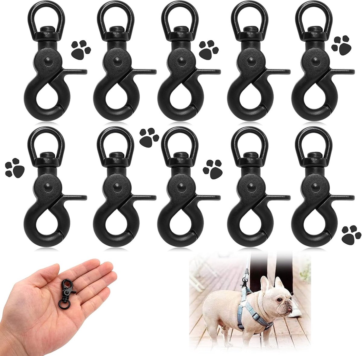 karabijnhaak van roestvrij staal, scharabijnhaak voor honden, bagagegesp, draaibaar, zwart, 10 stuks karabijnhaken met draaischarnier, voor hondenriem, sleutels, tassen, riem (zwart)