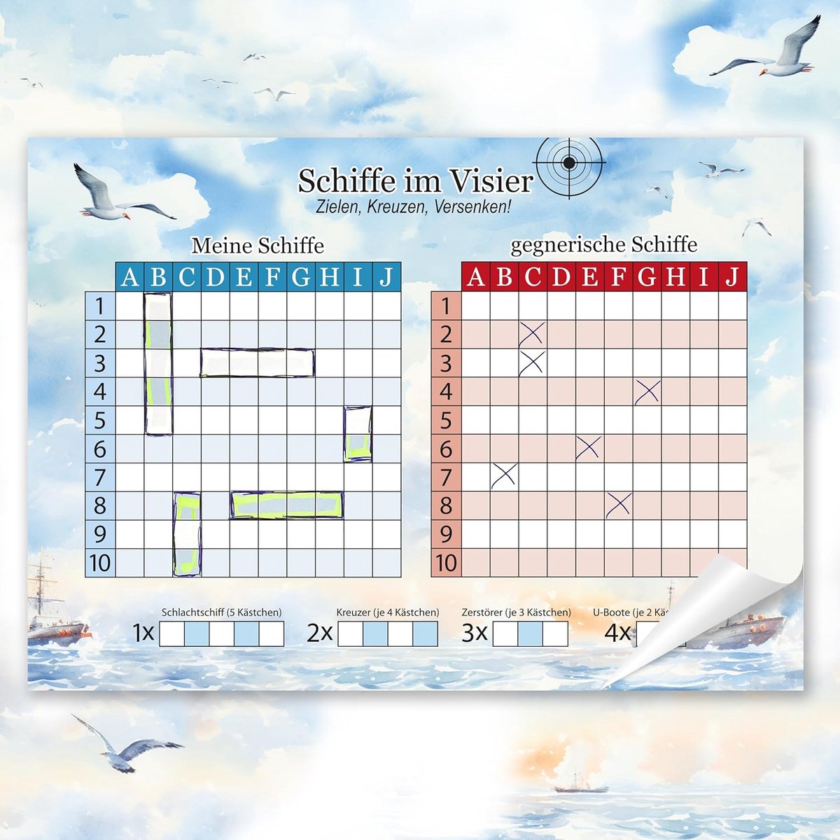 Verzonken schip spel - A4-blok met 50 vellen: het klassieke spel in fris design | extra groot lettertype voor senioren | spel 2 personen (blok 50 vellen)