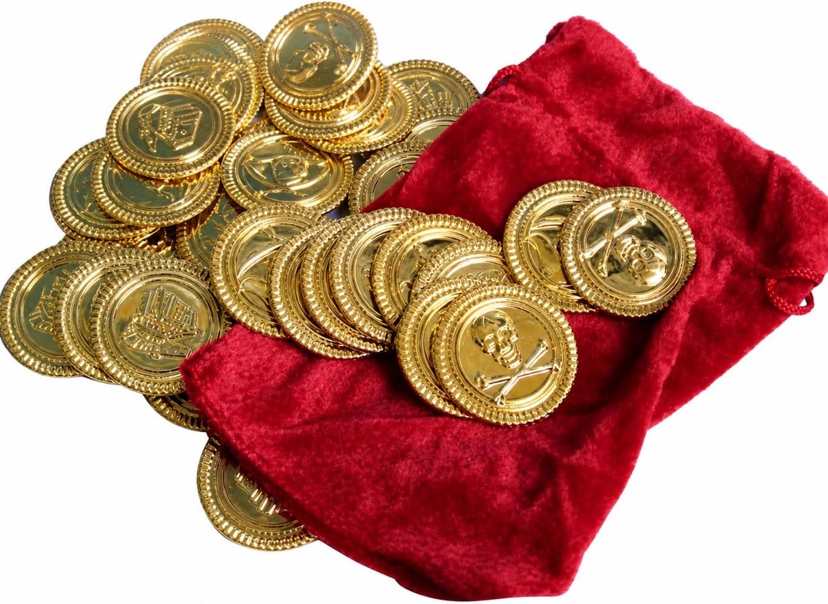 Muntenset – 36 kunststof munten Ø 33 mm + rood zakje – kinderen schatzoeken, piratenfeestdecoratie, cadeautjes, carnavalsaccessoires