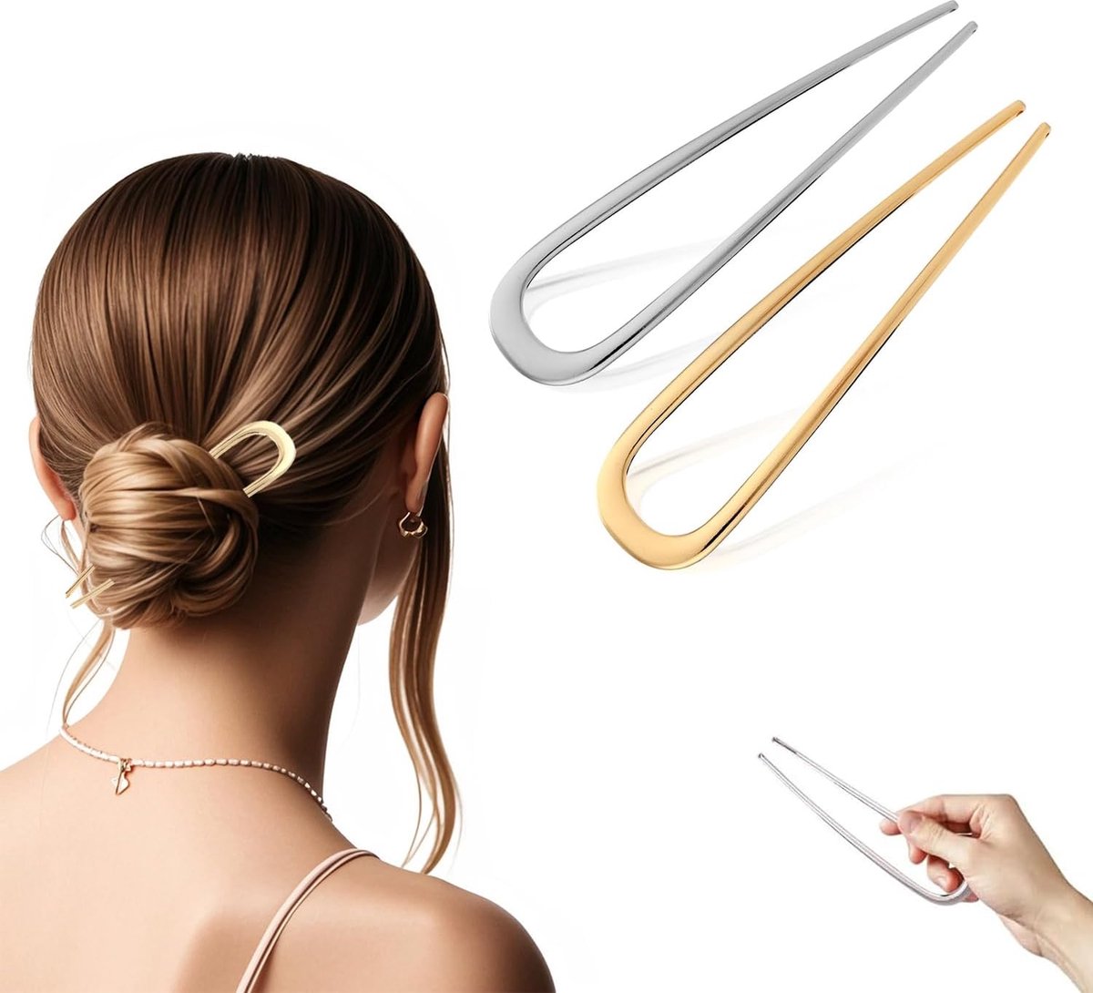Haarspelden, French Twist Hair Pin, grote U-vormige haarspelden van metaal, voor alle haartypes van vrouwen en meisjes, haarspelden, goud, zilver