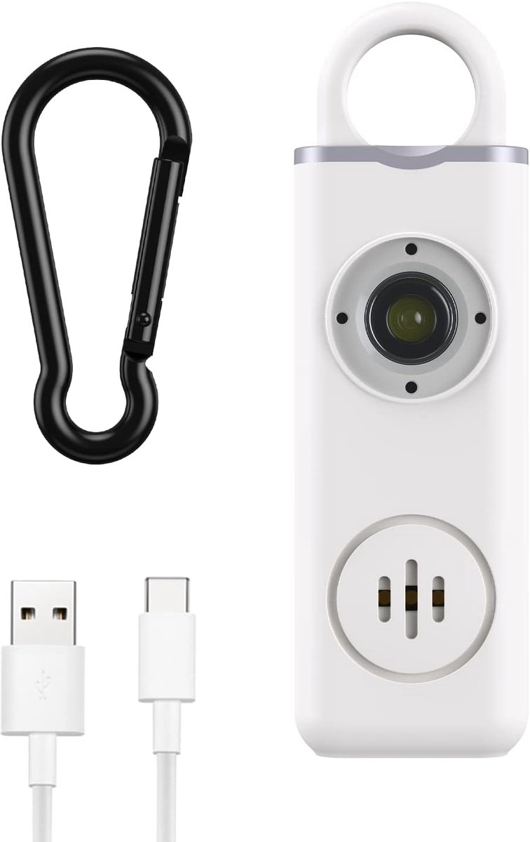 alarm, zakalarm, sleutelhanger met stroboscoop, led-flitslichtsignaal, 130 dB paniekalarm, schrillalarm, zelfverdedigingsalarm, noodalarm voor het hele gezin, wit