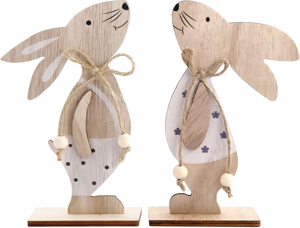 Set van 2 houten paashaas, paasdecoratie, houten haas, decoratieve staander voor Pasen, paashaas om neer te zetten, paashaas van hout, paashaas decoratie hout, paasdecoratie tuin, houten