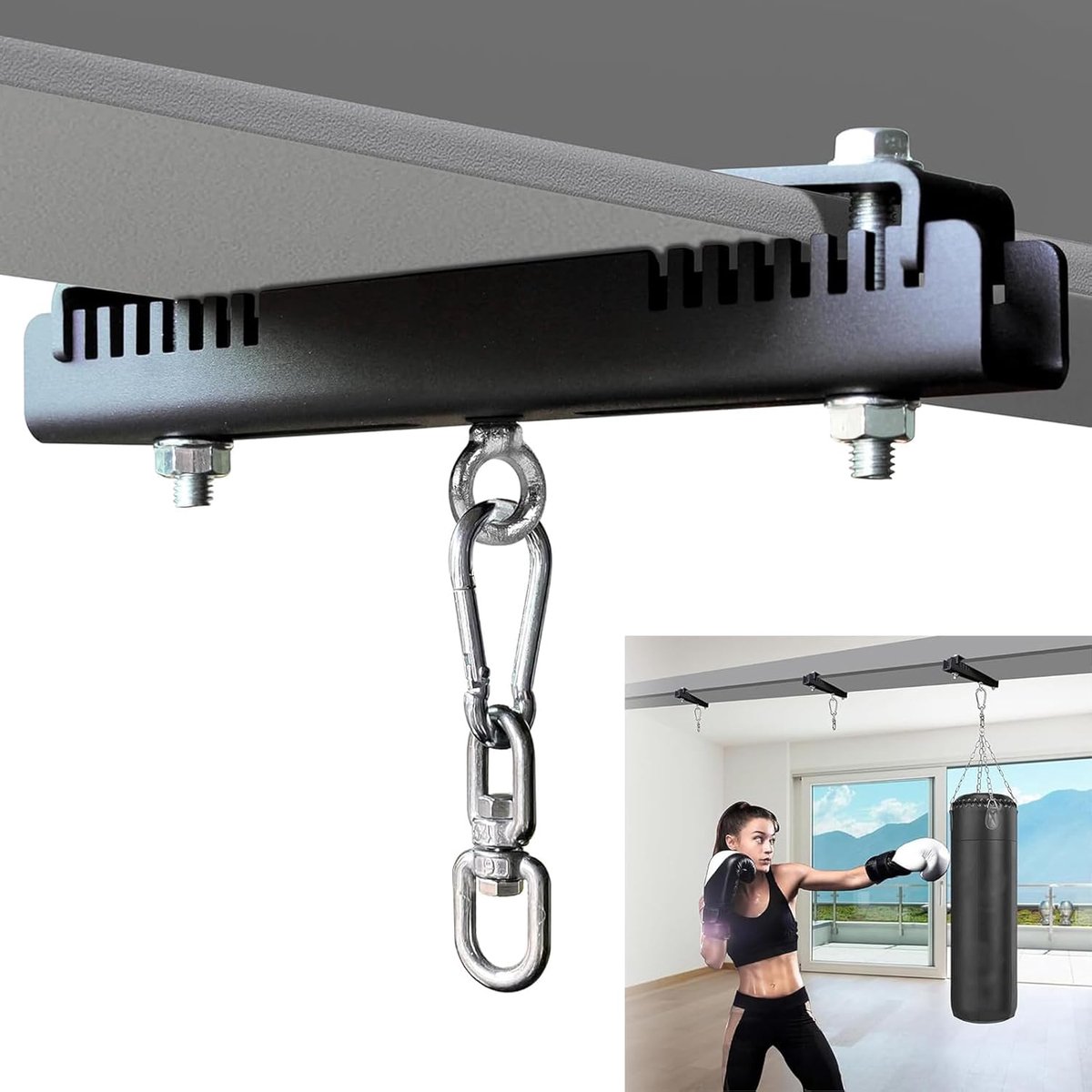 Duty Staalbalkklem, Zwaarzakbeugel, Zwaarzakophanger 360° Rotatie Geschikt voor I of H-balk Bokszakbeugel met Accessoires voor Boksen Muay Thai Training