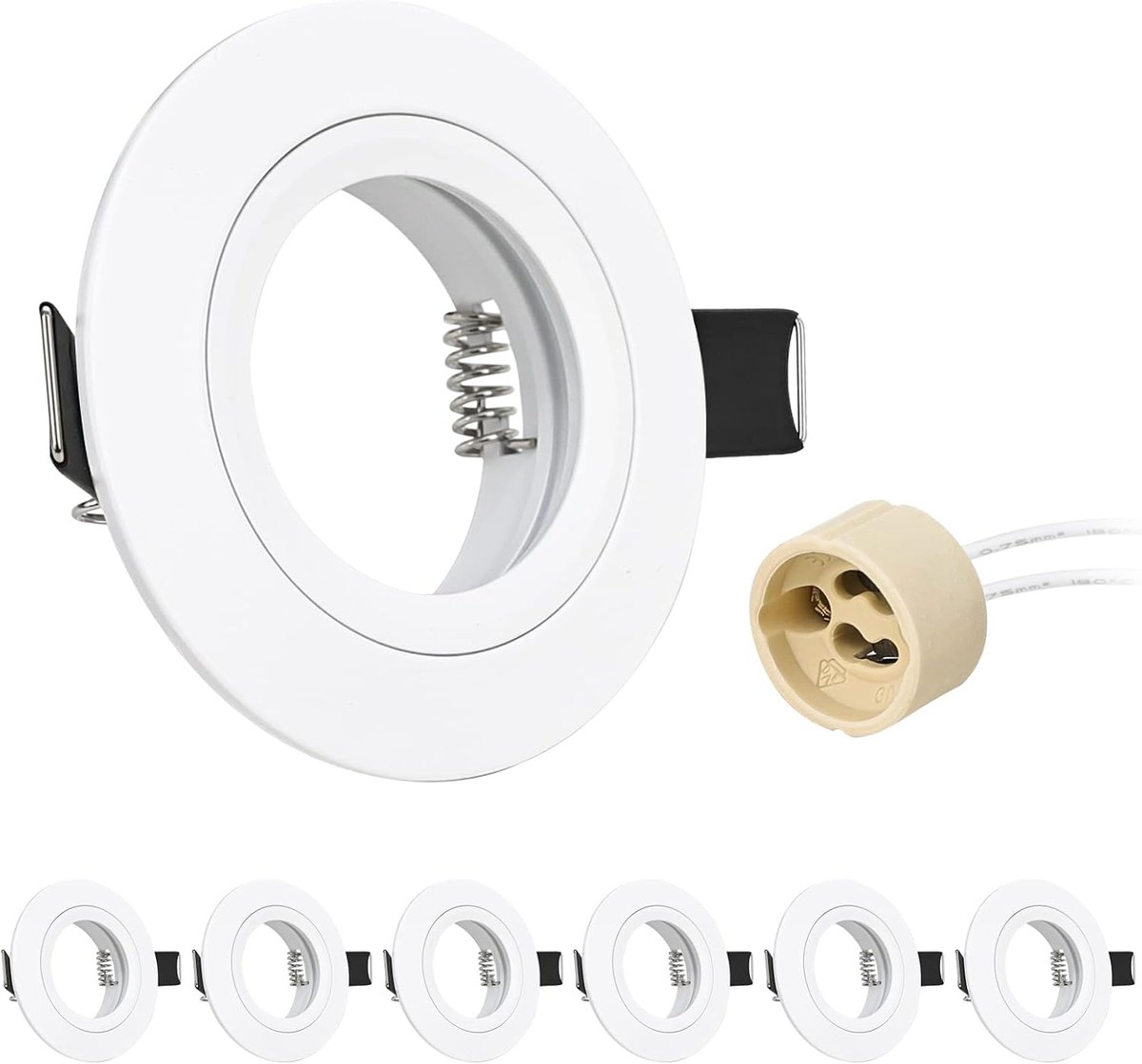 6 x GU10 inbouwspot, aluminium, wit, led-inbouwspot, plafondspot, frame met GU10-fitting, rond, extra platte houder voor led- of halogeenlampen, montagegat ø60-70 mm