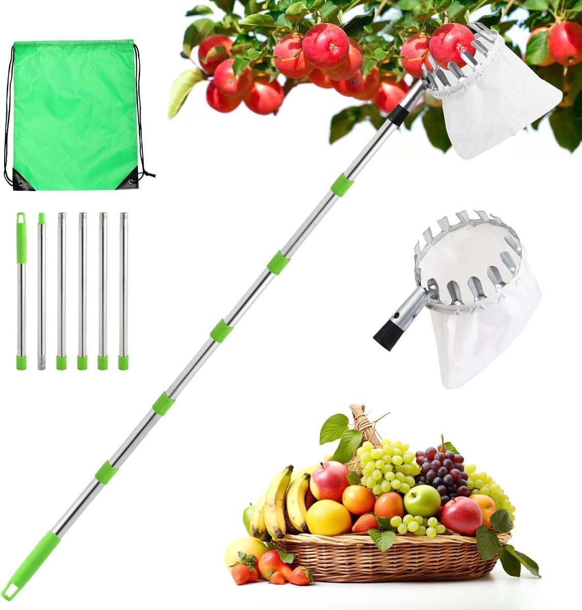 seOSTO Fruitplukker met telescoopsteel, fruitplukker voor kersen, diameter 16 cm, appelplukker met katoenen zak, kersenplukker, pruimenplukker voor het bereiken van geïrriteerde plaatsen