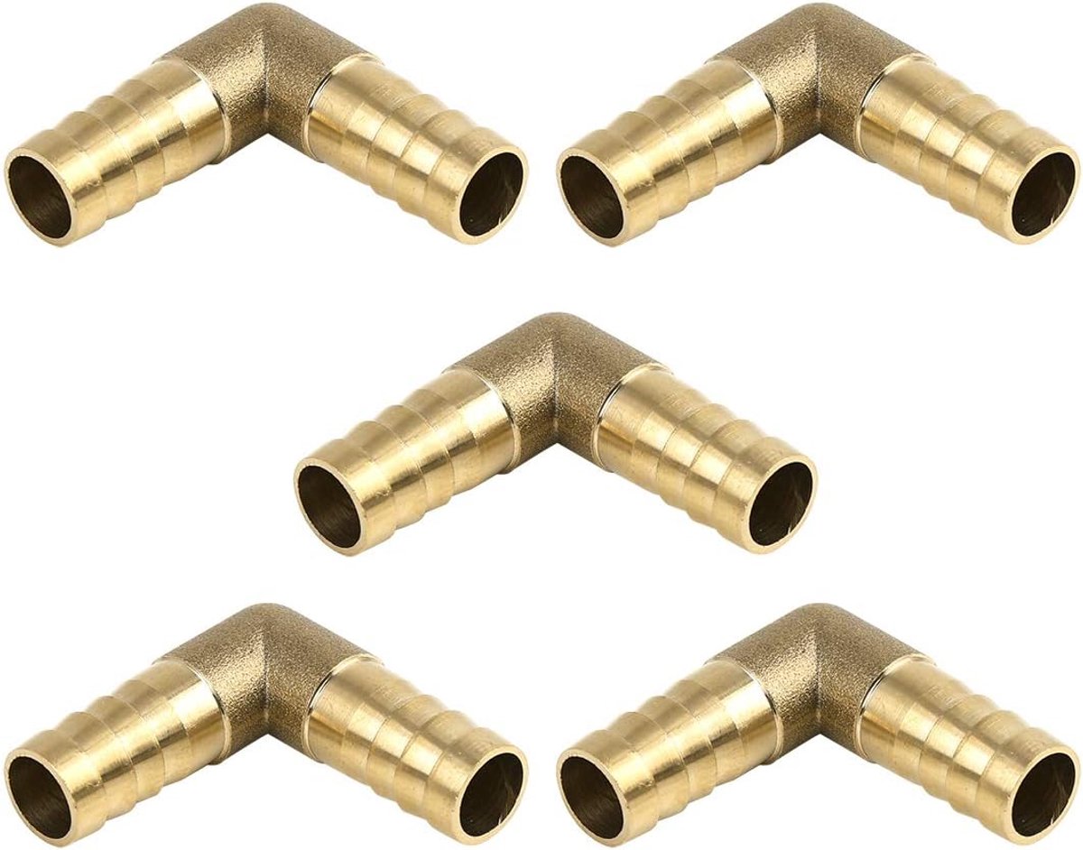 sourcing map 5 stuks. Messing weerhaken Knierbuis 90 graden stekker schroefdraad 5 mm lucht water gas olie 12mm Gold Tone