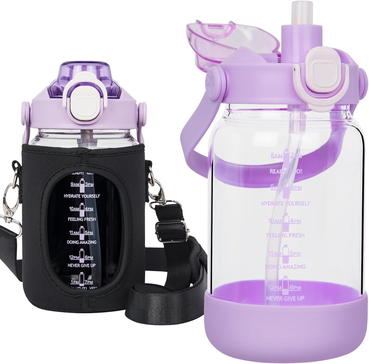 1L Drinkfles, glazen fles met rietje & tijdmarkering, 1 liter waterfles met fruitinzet & beschermhoes voor smoothie, fruit, geschikt voor koolzuurhoudende drank