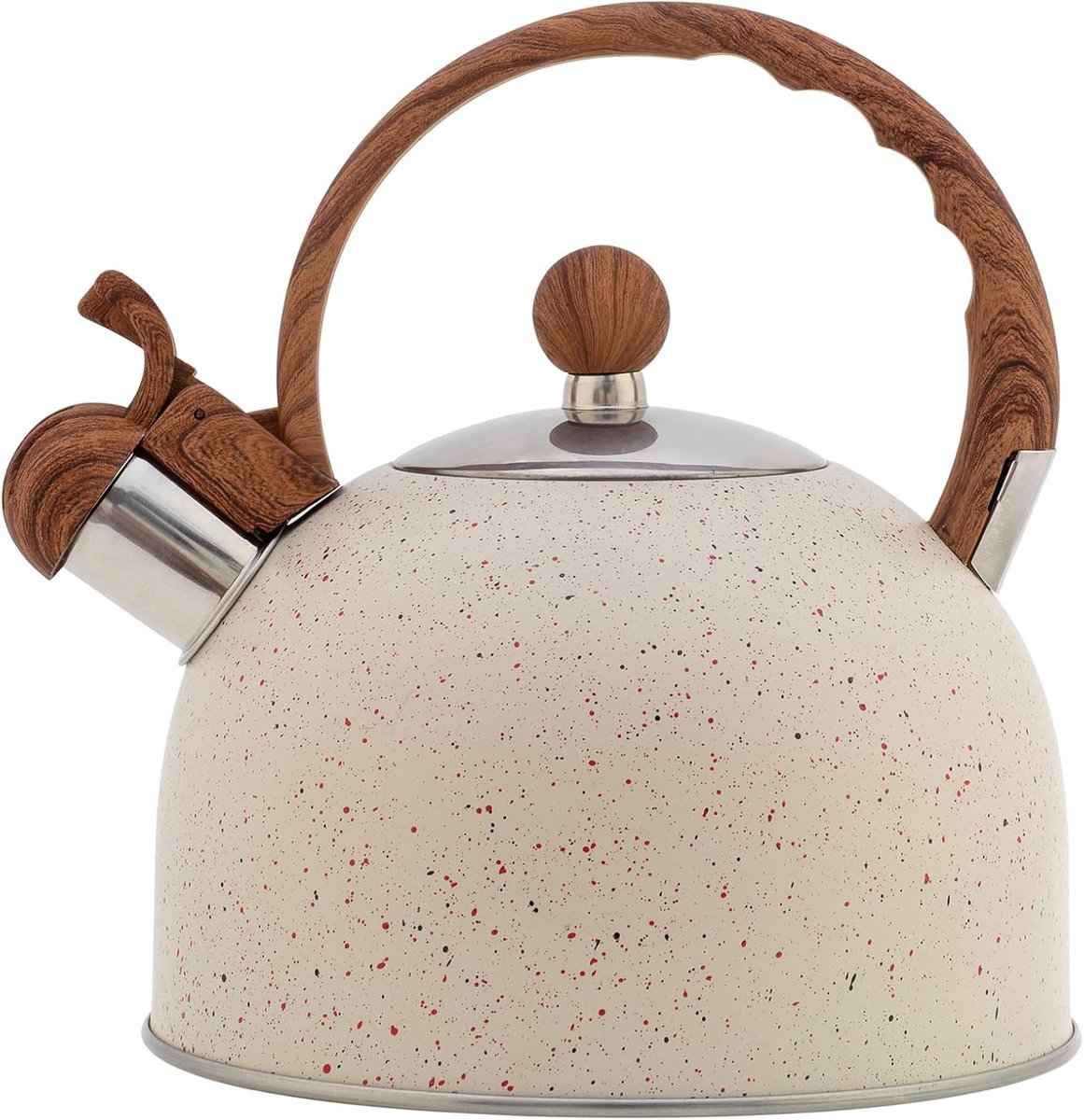 Waterketel, inductie, roestvrijstalen theeketel met houtnerfgreep, Max 2,2 l, moderne waterkoker voor alle warmtebronnen, fluitketel met fluittoon voor thee, koffie, melkwegstelsel, wit