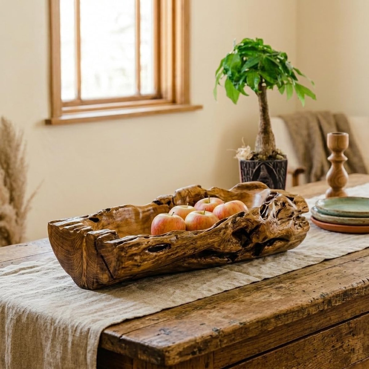 Grote houten schaal van teakwortelhout, 55-65 cm, handgemaakte fruitschaal van massief hout, organische decoratieve schaal en serveerschaal, uniek
