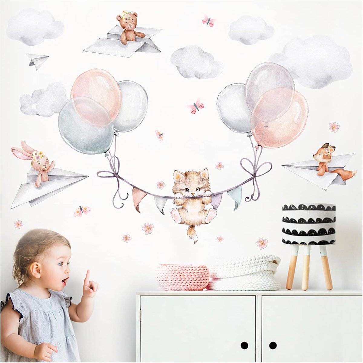 Deco Kat met ballonnen muursticker dieren kinderkamer muursticker voor babykamer muursticker zelfklevend wanddecoratie DL840-4
