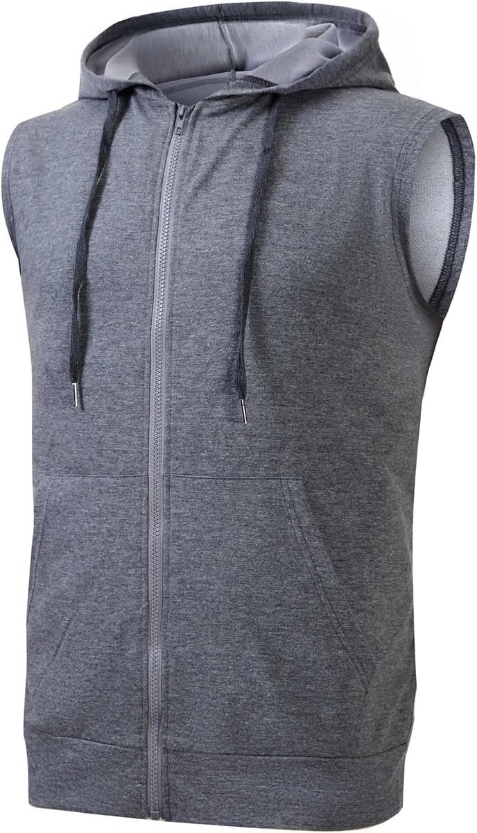 Sweatshirt voor heren met ritssluiting en capuchon, mouwloos, fitnessstudio, bodybuilding, vest met zakken