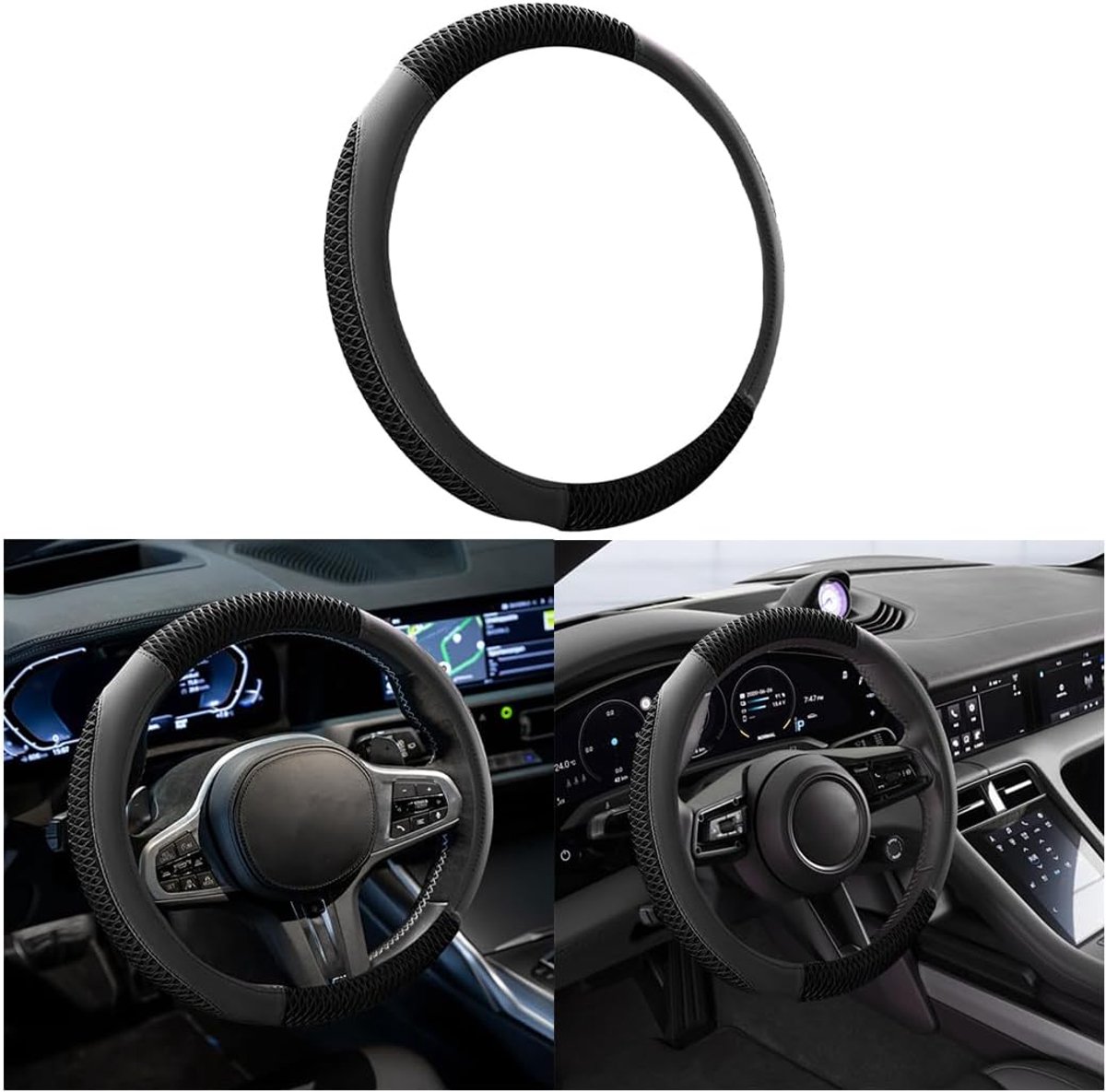 Autostuurhoes, stuurhoes van microvezel-leer, antislip, ademend, duurzaam, stuurbescherming voor auto, van leer en ijszijde (zwart)