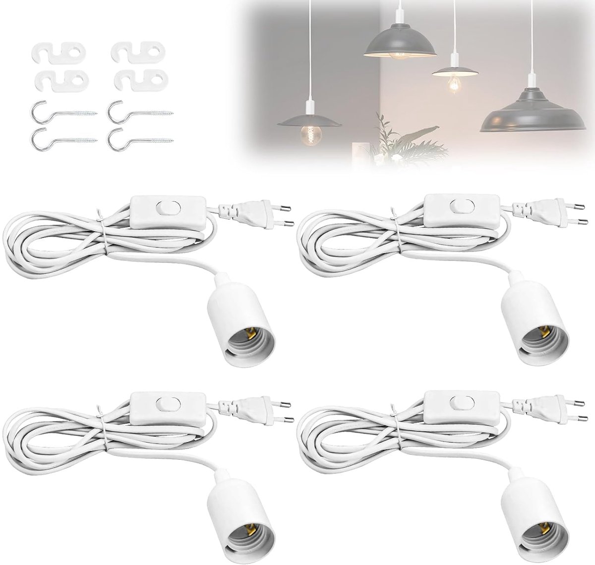 E27 lamphouder met schakelaar, 4 stuks wit E27-fitting met kabel 5 m, schroefring, EU-stekker, hanglamp, touw voor doe-het-zelf lampophanging, slaapkamer, eetkamer, balkon