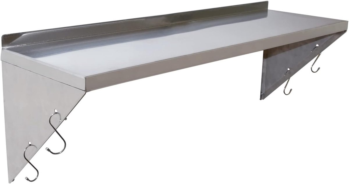 Wandrek van roestvrij staal met haken, opslag voor keuken, wandmontage, drijvend frame met driehoekige houder, robuuste structuur met achterwand, voor restaurant, huis, keuken (80 x 30 cm)