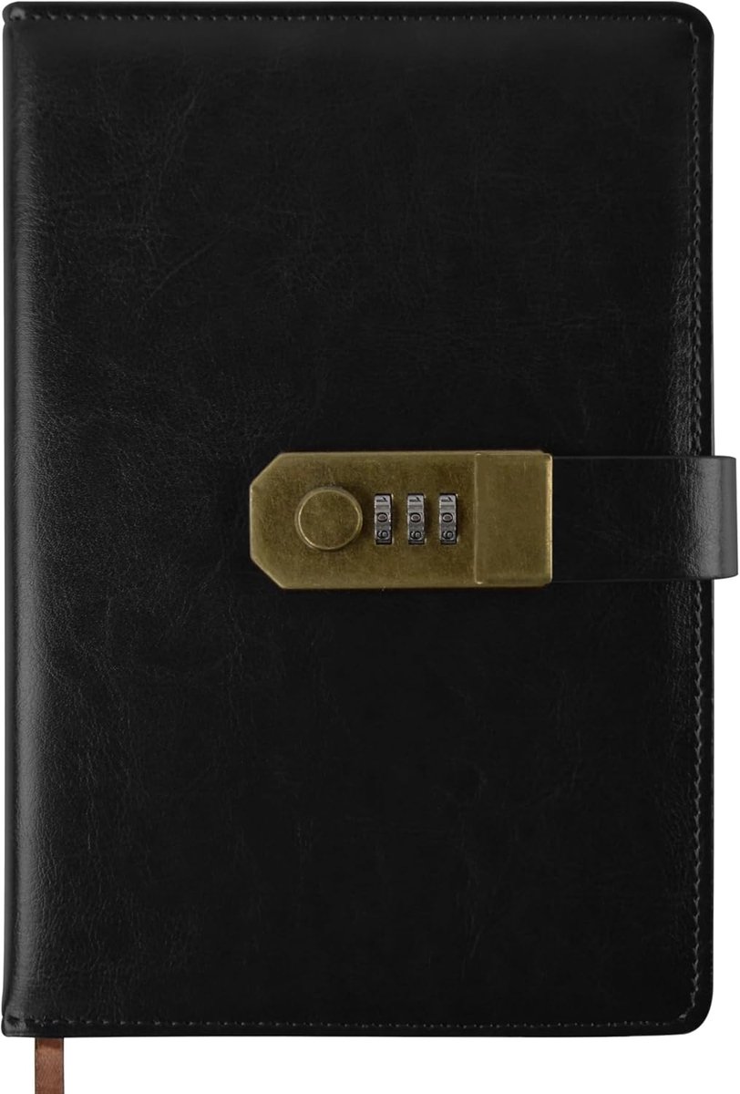 agenda met slot, A5 PU lederen agenda met code 200 pagina's, 100 grams papier, Vintage leesdagboek agenda met slot voor vrouwen en mannen, (Zwart)