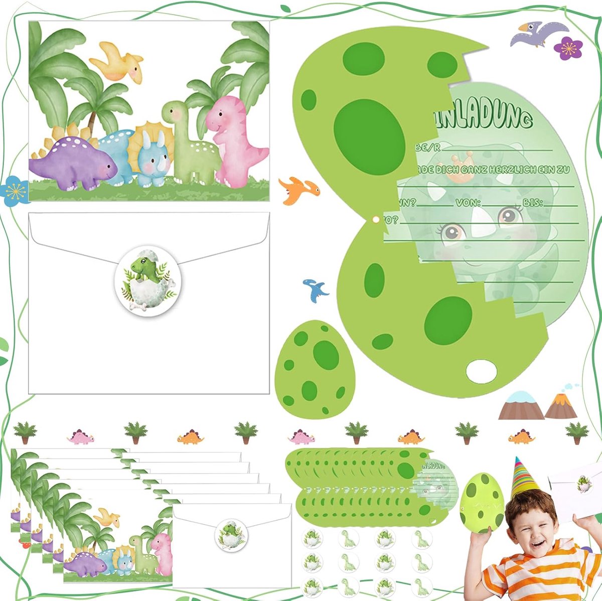 36 Stuks Dinosaurus-Uitnodigingskaarten, Dinosaurus Uitnodigingskaarten Voor Kinderverjaardag, Dinosaurusverjaardagsuitnodigingen, Dinosaurus-Uitnodigingskaarten Party, Met Sticker(Wit, Groen)