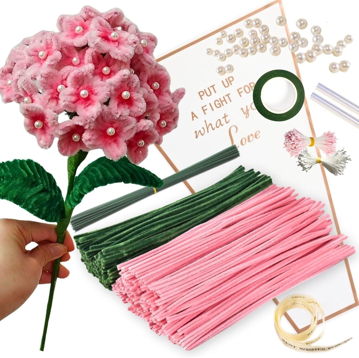 Donkerroze bloemenboeket pijpenreinigerset met 150 stuks pijpenrassers, kleurrijk met 2 kleuren (donkerroze, groen 8 groene knutseldraad, 40 kralen, 40 corolla, cadeaupapier, cadeaulint, plakband