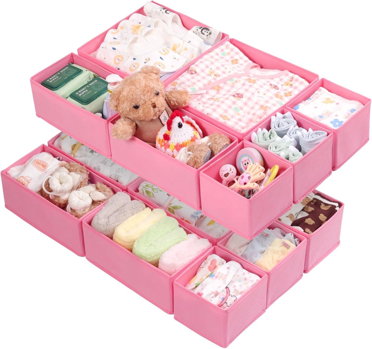 Organizer voor ladekast/opbergsysteem voor kleding, opvouwbaar, wasbaar, voor garderobe of commode, 14 stuks, roze
