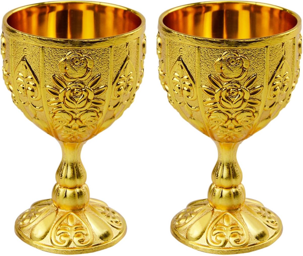 2-delige vintage gouden beker, antieke gouden beker, vintage wijnglas, middeleeuwse beker op metaal, wijnbeker, middeleeuwse beker voor keuken, thuis, bar, feest, bruiloft, decoratie (goud)