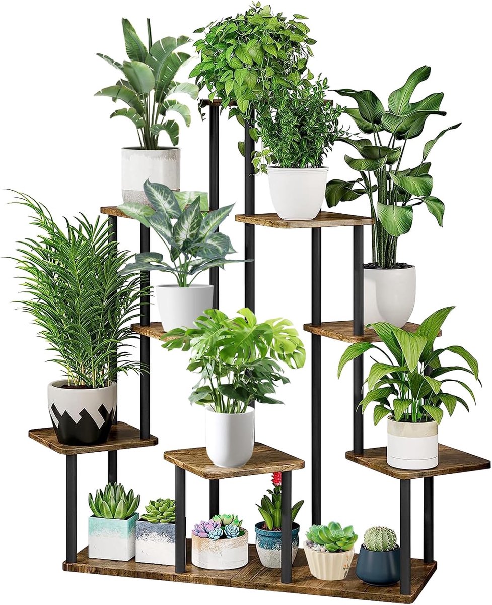 9 Niveaux Support de Plante en Métal Bois, Multiple Étagère à Fleurs Support de Pots Fleurs Porte Plantes Interieur, Décoratif Présentoir Étagère de Pots Fleurs pour Salon Balcon(Noir)