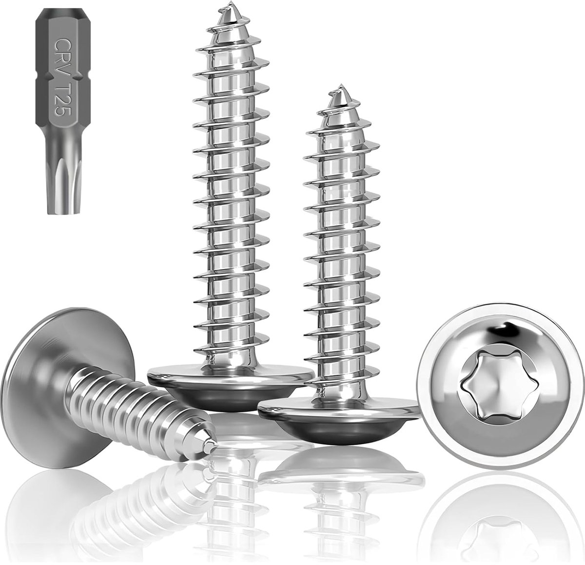 100 stuks plaatstaalschroeven roestvrij staal M5X16mm, zelftappende schroeven met schijf, A2 V2A Torx schroeven volledige schroefdraad, houtschroeven, platte kopschroeven met T25 boor