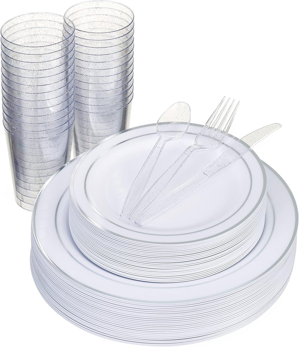 150-delig Plastic Feestservies - 50 Witte Feestborden met Zilveren Rand (2 Maten), 25 Lepels, 25 Vorken, 25 Messen, 25 Feestbekers - Wasbaar en Herbruikbaar