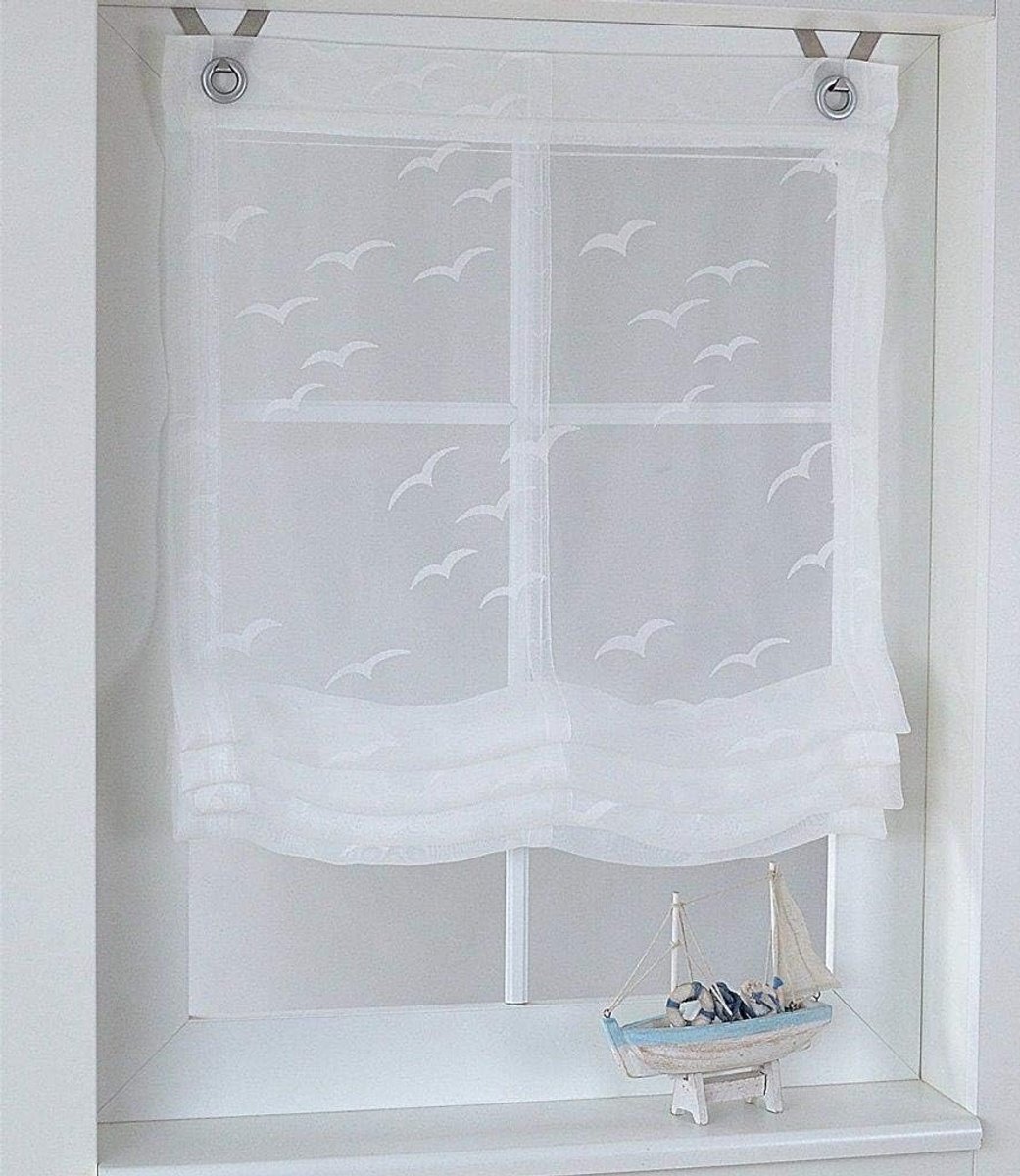 Ösenrollo White Transparent Maritiem Seabird Breedte 60 cm x Hoogte 130 cm