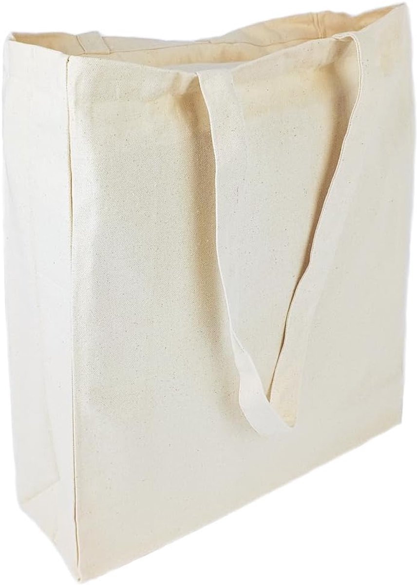 Draagtas van canvas; erg sterk en duurzaam; niet bedrukt; met zij- en bodemplooi en twee lange draaglussen; 38 x 42 x 10 cm, natuurkleur