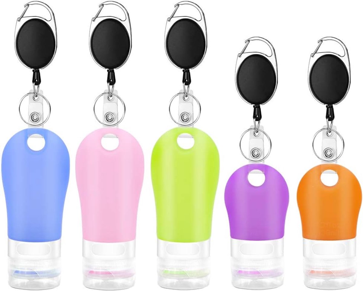 3 stuks 60 ml & 2 stuks 38 ml reis siliconen navulbare flessen set met uitschuifbare karabijnhaak clip lekbestendige flessen handdesinfectiemiddel containers draagbare reisflessen voor vloeibare