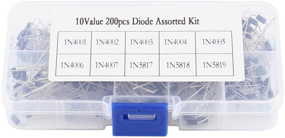 200 stuks Elektronische diodes 1N4001 1N4002 1N4003 1N4004 1N4005 1N4006 1N4007 1N5817 1N5818 1N5819 Assortiment met doos