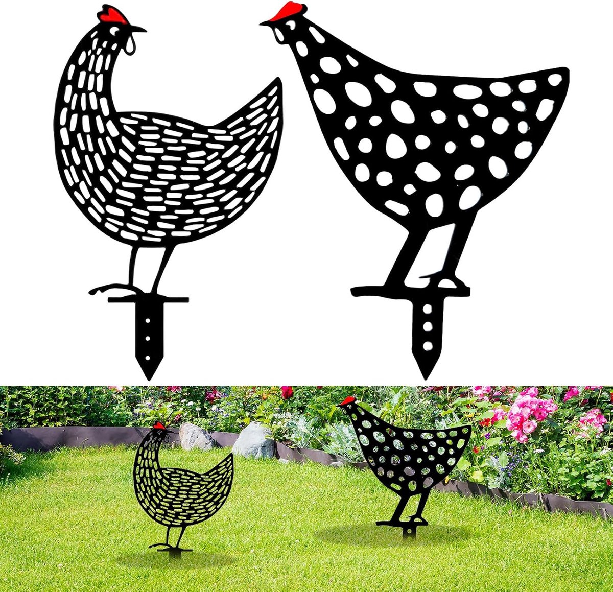 Kunst Decoratie - 2 Stuks Tuinkip Silhouet Ornament, Kip Binnenplaats Kunst Decoratieve, Creatieve Outdoor Achtertuin Gazon Palen Hen Yard Decoratie Cadeau voor Huis Aandenken