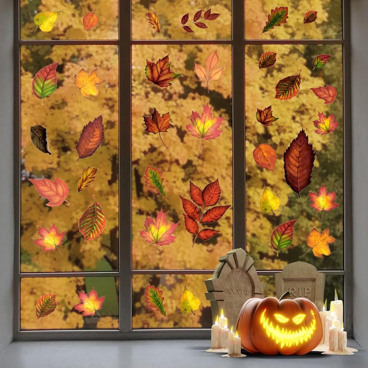 9 stuks raamafbeeldingen herfst, warme herfstdecoratie, Thanksgiving raamfoto's, zelfklevende raamstickers, herfstdecoraties, esdoornblad, herfstdecoratie, stickers voor ramen, kinderkamer, café