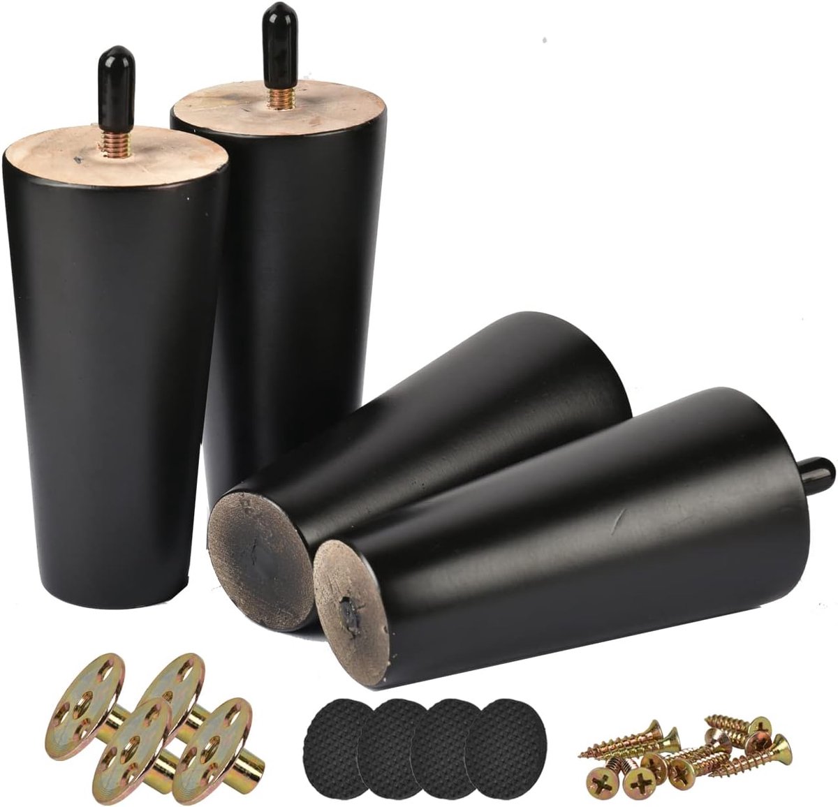 Poten, 4 stuks, zwart, massief hout, tafelpoten, meubelpoten met voorgeboorde M8 5/16" bouten & montageplaten en schroeven voor kast, bank, bed, voetenbank