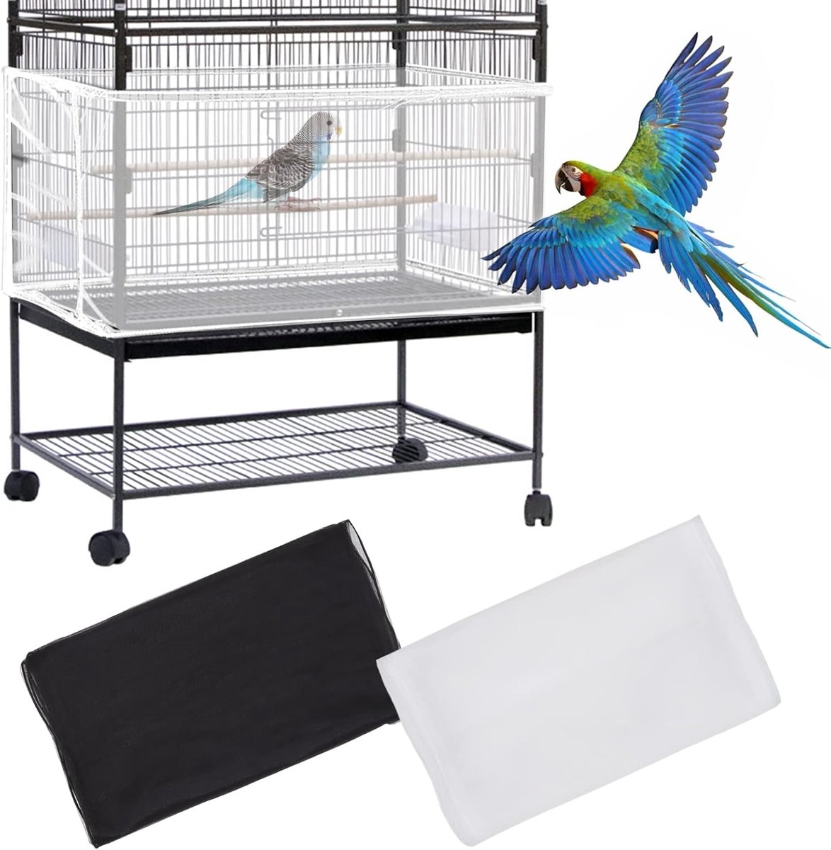 2-delige universele vogelkooi-afdekking, extra groot zaad- en verenvangstnet, verstelbare nylon luchtdoorlatende zachte gaasmassa voor ronde en vierkante kooien voor parkieten, ara's