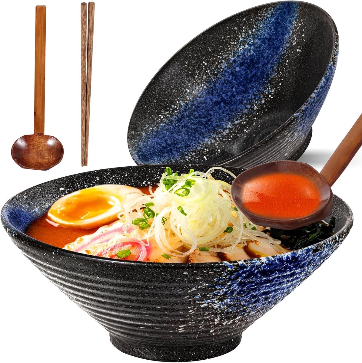 Ramen Kom keramiek, 2 sets ramenkommen met lepel en eetstokjes, antislip Japanse kom, servies voor ramen, salade, muesli, 1000 ml, 20 x 20 x 8 cm