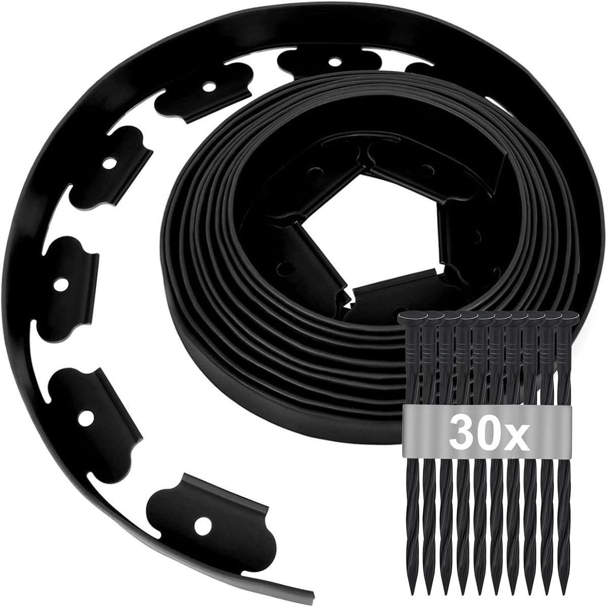 gazonrandstrips 10 m × 5 cm, gazonrand met 30 sterke bevestigingspinnen, tuinrand rand kunststof gazonrand grasrand hek PE rubberen rand rolpad outdoor ontwerpgereedschap (zwart)