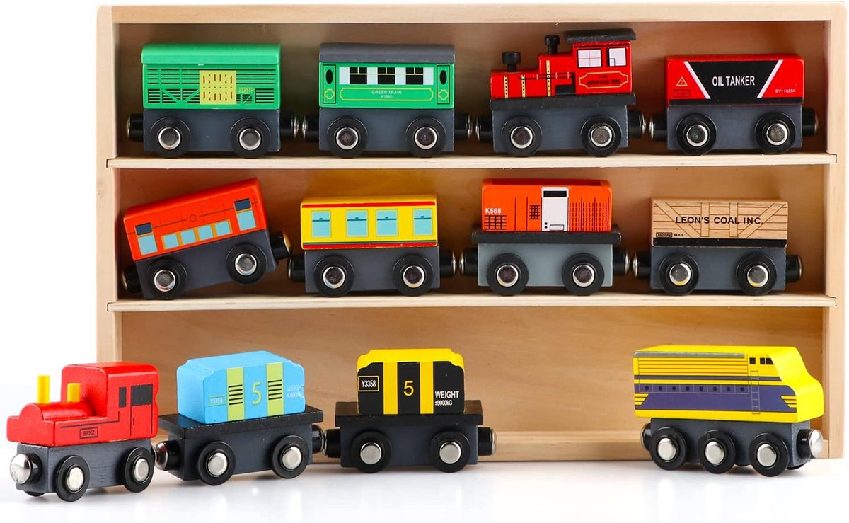 houten magnetische trein speelgoedset met opbergdoos (12 stuks) voertuig autos voor jongens en meisjes vanaf 3 jaar