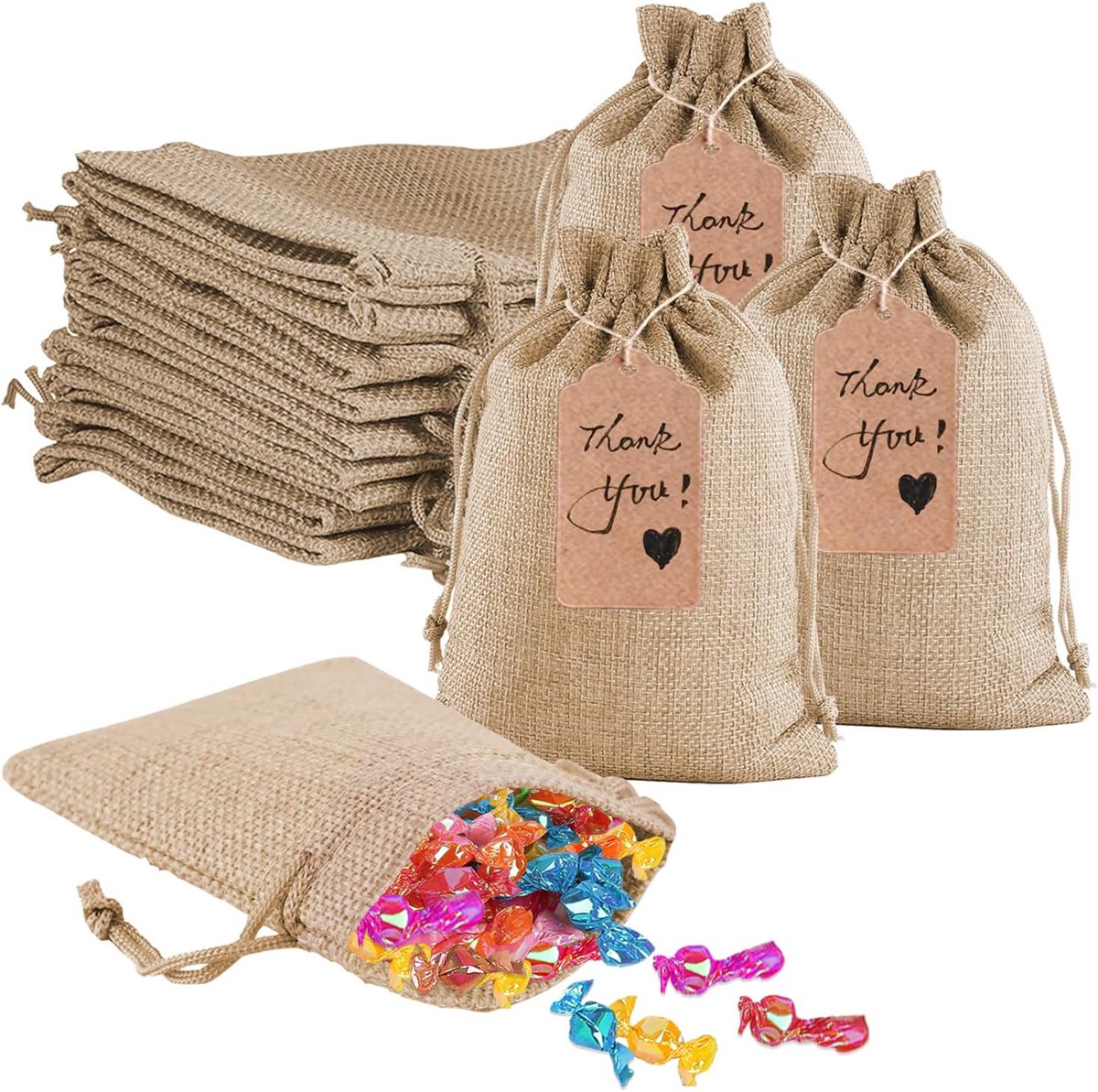 kleine stoffen zakjes met trekkoord, 24 stuks jute gunstzakjes met cadeaukaartjes, voor knutselen, doe-het-zelf sieraden, bruiloft, kerstfeest (primaire kleur)